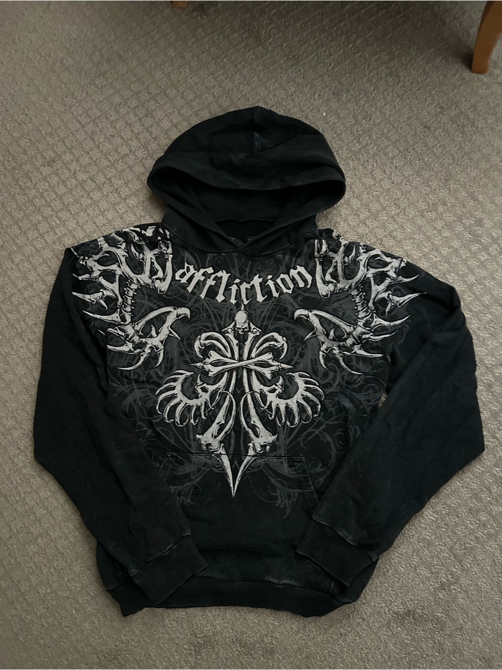 Affliction Black Hoodie with White Gothic Crest Graphic